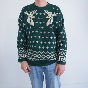 Vtg'80S Club Monaco By Alfred Song Green 100% Wool Cream Knit Deer Sweater XL